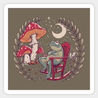 Goblincore Aesthetic Cottagecore Frog Sitting on a Rocking Chair - Color Version - waiting for mushrooms to grow - Mycology Shrooms Sticker